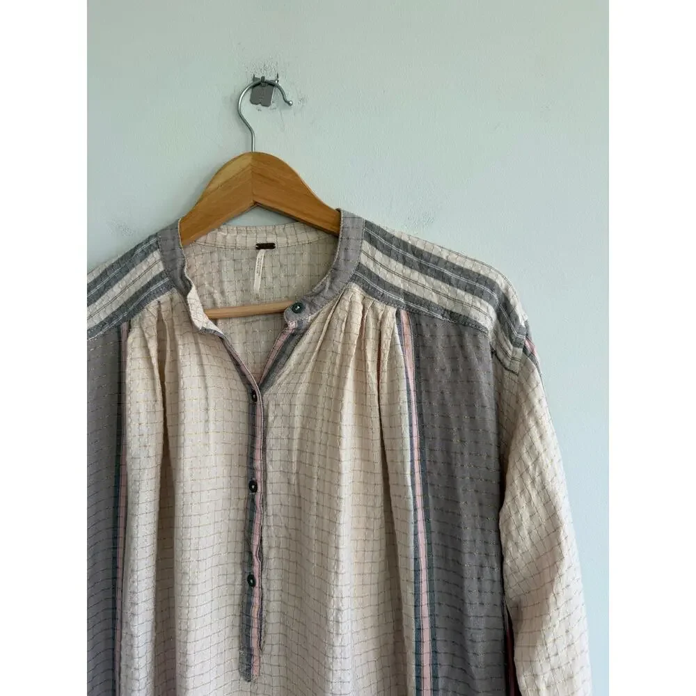 Free People Metallic Thread Long Sleeve Tunic Mini Dress Cream Gray XS